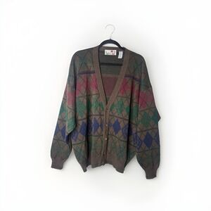 Vtg‎ Florence Tricot Italy Men's Sweater XL Wool Blend Cardigan Argyle Grandpa